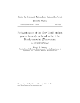 Reclassification of the New World Antlion Genera Formerly Included in the Tribe Brachynemurini (Neuroptera: Myrmeleontidae)