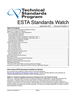 ESTA Standards Watch September 2018 Volume 22, Number 17 Table of Contents Half a Dozen ESTA Standards Available for Review