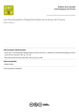 Les Hyménoptères Megalodontidae De La Faune De France Henri Chevin