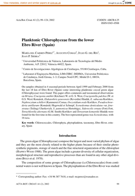 Planktonic Chlorophyceae from the Lower Ebro River (Spain)