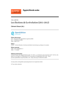 Égypte/Monde Arabe, 10 | 2013, « Les Élections De La Révolution (2011-2012) » [En Ligne], Mis En Ligne Le 19 Décembre 2013, Consulté Le 23 Septembre 2020