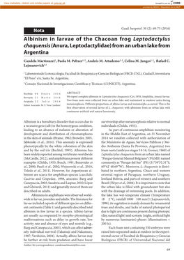 Albinism in Larvae of the Chacoan Frog Leptodactylus Chaquensis (Anura, Leptodactylidae) from an Urban Lake from Argentina