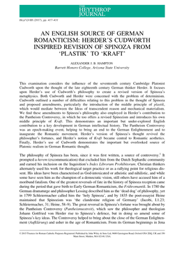 Herder's Cudworth Inspired Revision of Spinoza from 'Plastik'