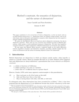 Hurford's Constraint, the Semantics of Disjunction