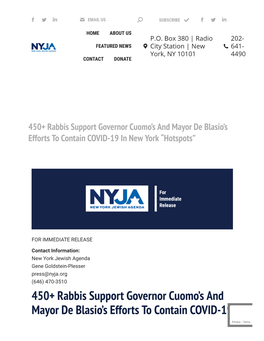 450+ Rabbis Support Governor Cuomo's and Mayor De Blasio's