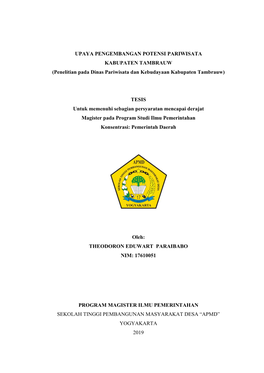 UPAYA PENGEMBANGAN POTENSI PARIWISATA KABUPATEN TAMBRAUW (Penelitian Pada Dinas Pariwisata Dan Kebudayaan Kabupaten Tambrauw)