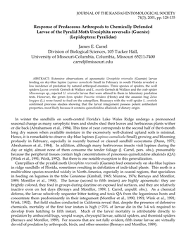 Response of Predaceous Arthropods to Chemically Defended Larvae of the Pyralid Moth Uresiphita Reversalis (Guenée) (Lepidoptera: Pyralidae)