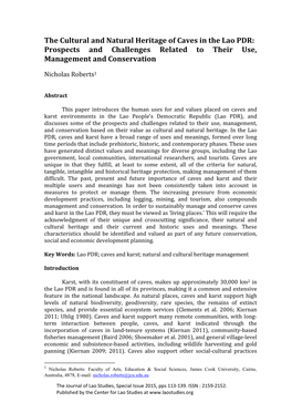 The Cultural and Natural Heritage of Caves in the Lao PDR: Prospects and Challenges Related to Their Use, Management and Conservation