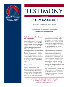 TESTIMONY March 5, 2015 on FILM TAX CREDITS