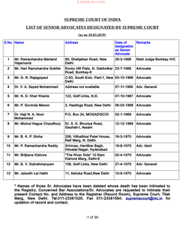 SUPREME COURT of INDIA LIST of SENIOR ADVOCATES DESIGNATED by SUPREME COURT (As on 29.03.2019)