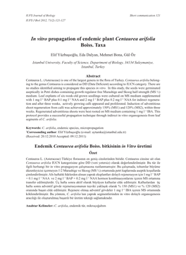 In Vitro Propagation of Endemic Plant Centaurea Arifolia Boiss. Taxa