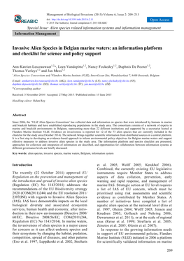 Invasive Alien Species in Belgian Marine Waters: an Information Platform and Checklist for Science and Policy Support
