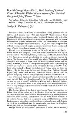 Donald George Moe-The St. Mark Passion of Reinhard Keiser: a Practical Edition with an Account of Its Historical Background [With] Volume II· Score