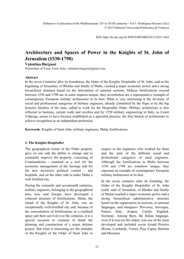 Architecture and Spaces of Power in the Knights of St. John of Jerusalem (1530-1798)