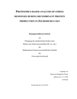 Proteomics-Based Analysis of Stress Responses During Recombinant Protein Production in Escherichia Coli''