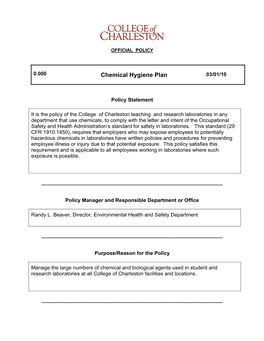 Chemical Hygiene Plan 03/01/10