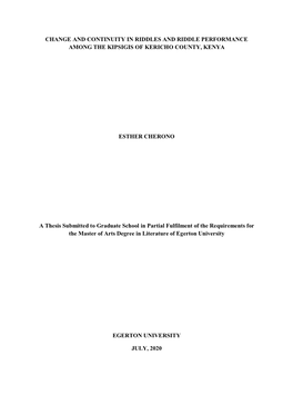 Change and Continuity in Riddles and Riddle Performance Among the Kipsigis of Kericho County, Kenya