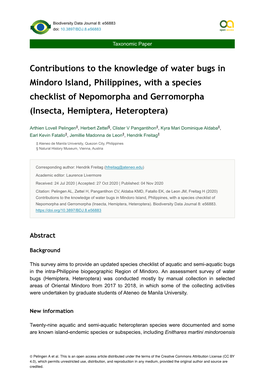 Contributions to the Knowledge of Water Bugs in Mindoro Island, Philippines, with a Species Checklist of Nepomorpha and Gerromorpha (Insecta, Hemiptera, Heteroptera)