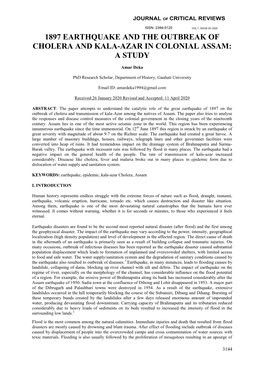 1897 Earthquake and the Outbreak of Cholera and Kala-Azar in Colonial Assam: a Study