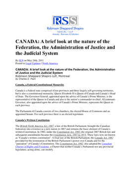 CANADA: a Brief Look at the Nature of the Federation, the Administration of Justice and the Judicial System