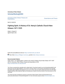 A History of St. Henry's Catholic Church New Orleans 1871-1929