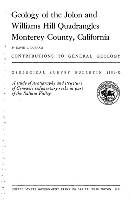 Geology of the Jolon and Williams Hill Quadrangles Monterey County, California