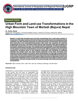 Urban Form and Land Use Transformations in the High Mountain Town of Martadi (Bajura) Nepal