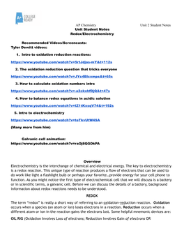 Unit 2 Redox and Electrochemistry Notes