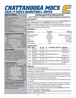 CHATTANOOGA MOCS 2016-17 MEN’S BASKETBALL NOTES TABLE of CONTENTS Chattanooga (0-0) at Tennessee (0-0) Notes