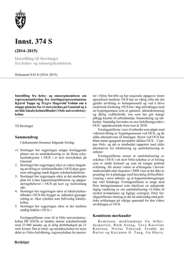 Innst. 374 S (2014–2015) Innstilling Til Stortinget Fra Helse- Og Omsorgskomiteen