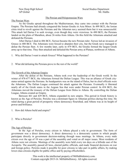 The Persian and Peloponnesian Wars the Persian Wars As the Greeks Spread Throughout the Mediterranean, They Came Into Contact with the Persian Empire