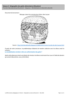 Séance 2. Géographie Des Goûts Alimentaires (Situation) Première Baccalauréat Professionnel – Séquence : Mondialisation Et Diversité Culturelle