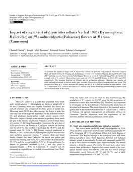 Impact of Single Visit of Lipotriches Collaris Vachal 1903 (Hymenoptera: Halictidae) on Phaseolus Vulgaris (Fabaceae) Flowers at Maroua (Cameroon)