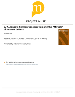 S. Y. Agnonʼs German Consecration and the “Miracle” of Hebrew Letters