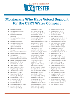 Montanans Who Have Voiced Support for the CSKT Water Compact