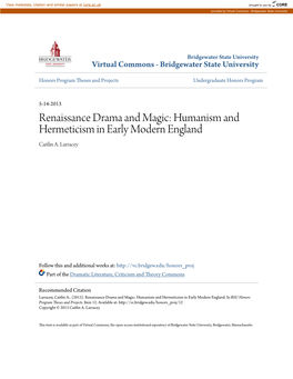 Humanism and Hermeticism in Early Modern England Caitlin A