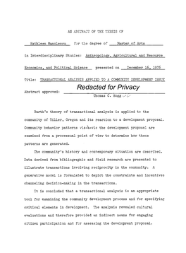 TRANSACTIONAL ANALYSIS APPLIED to a COMMUNITY DEVELOPMENT ISSUE Redacted for Privacy Abstract Approved: Thomas C