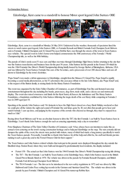 Edenbridge, Kent Came to a Standstill to Honour Motor Sport Legend John Surtees OBE