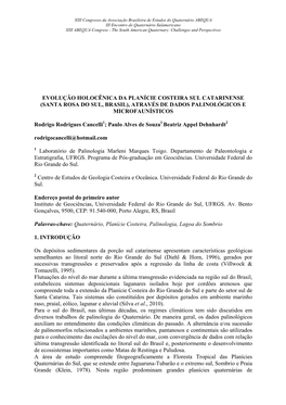 Evolução Holocênica Da Planície Costeira Sul Catarinense (Santa Rosa Do Sul, Brasil), Através De Dados Palinológicos E Microfaunísticos