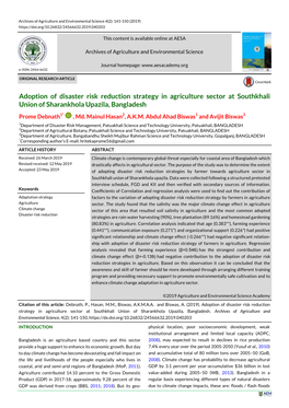 Adoption of Disaster Risk Reduction Strategy in Agriculture Sector at Southkhali Union of Sharankhola Upazila, Bangladesh Prome Debnath1* , Md