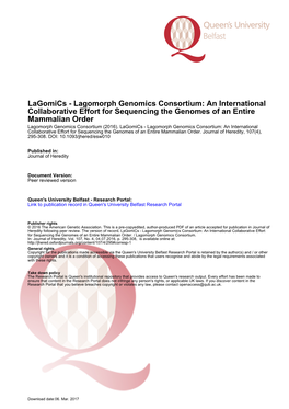 Lagomorph Genomics Consortium: an International Collaborative Effort for Sequencing the Genomes of an Entire Mammalian Order Lagomorph Genomics Consortium (2016)