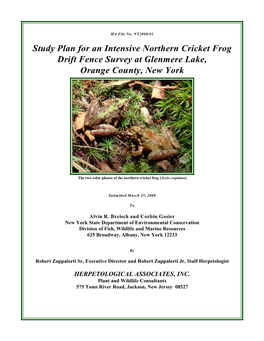 Study Plan for an Intensive Northern Cricket Frog Drift Fence Survey at Glenmere Lake, Orange County, New York