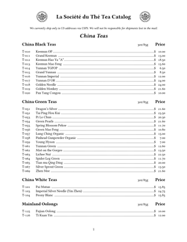 La Société Du Thé Tea Catalog China Teas