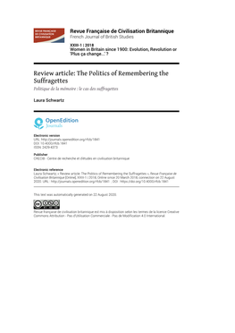 Revue Française De Civilisation Britannique, XXIII-1 | 2018 Review Article: the Politics of Remembering the Suffragettes 2