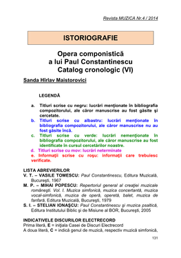 Opera Componistică a Lui Paul Constantinescu. Catalog Cronologic