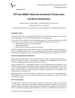 DTT and Wimax: Wireless Integrated Technologies for Digital Divide Issue Innovation in ICT