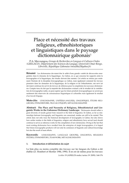 Place Et Nécessité Des Travaux Religieux, Ethnohistoriques Et Linguistiques Dans Le Paysage Dictionnairique Gabonais1 P.A
