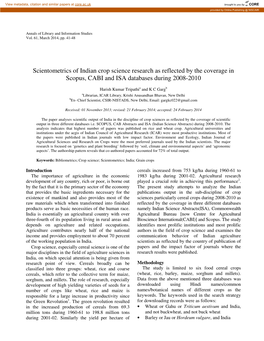 Scientometrics of Indian Crop Science Research As Reflected by the Coverage in Scopus, CABI and ISA Databases During 2008-2010