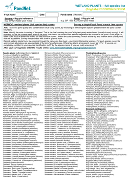 WETLAND PLANTS – Full Species List (English) RECORDING FORM