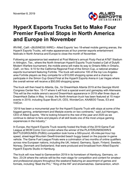 Hyperx Esports Trucks Set to Make Four Premier Festival Stops in North America and Europe in November